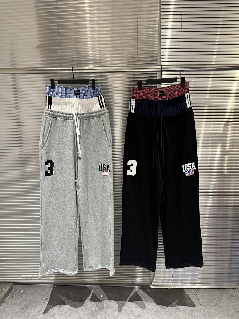 Streetwear Brand In Usa - ファッションストリートブランド 25SS フェイクトリプルウエスト ドローストリングスウェットパンツ USAフラッグ刺繍パッチワーク ワイドレッグ