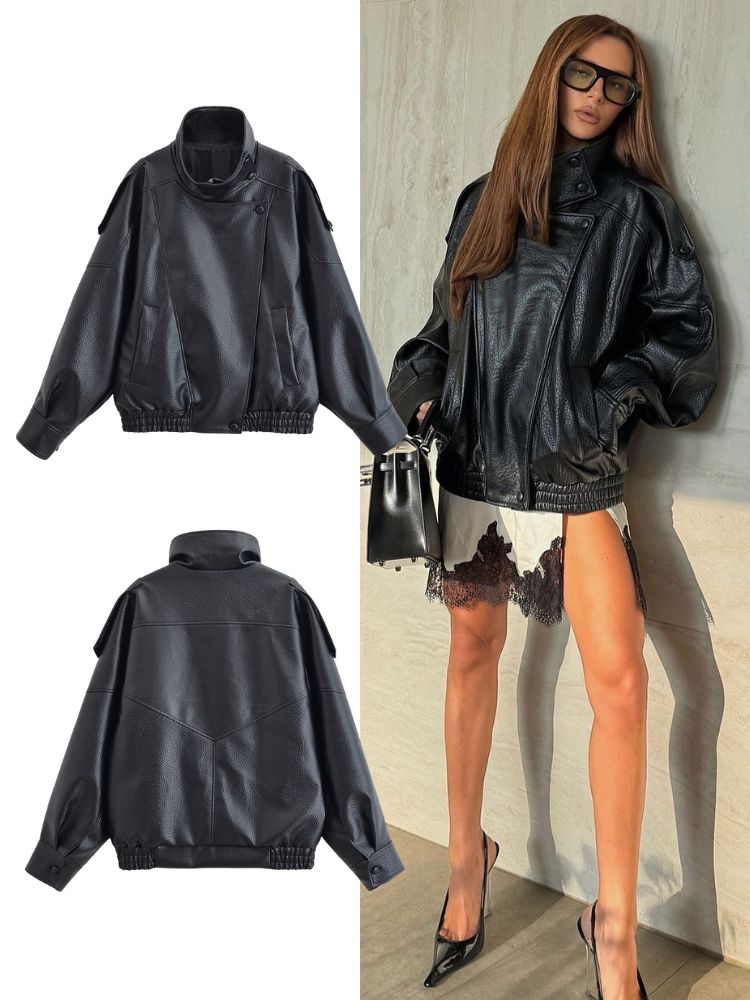 Streetwear Zipper - HHファッション レディース ライチ柄 フェイクレザー ジャケット 2025