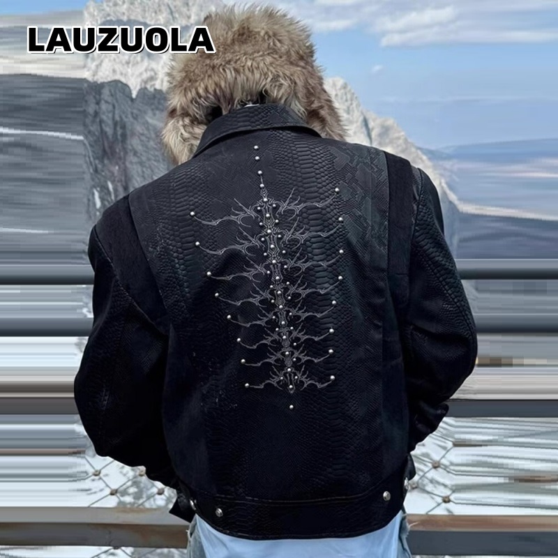 メンズ ブラック スネーク エンボス加工 ジャケット 背中刺 - Streetwear Zipper のレビューと価格